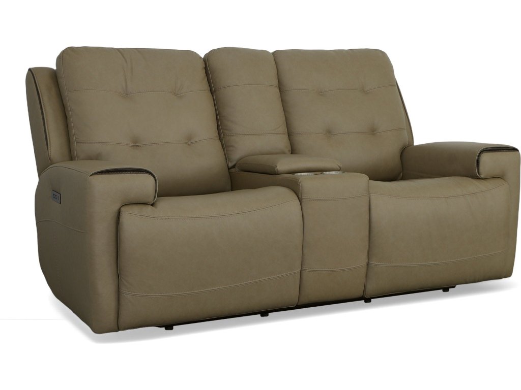 Iris Khaki Leather Power Reclining Loveseat with Console & Power Headrests