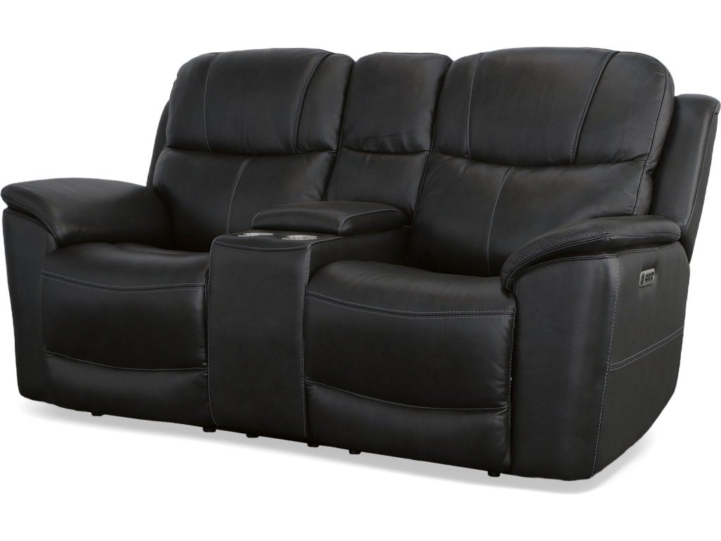Crew Raven Leather Power Reclining Loveseat with Console, Power Headrests & Lumbar