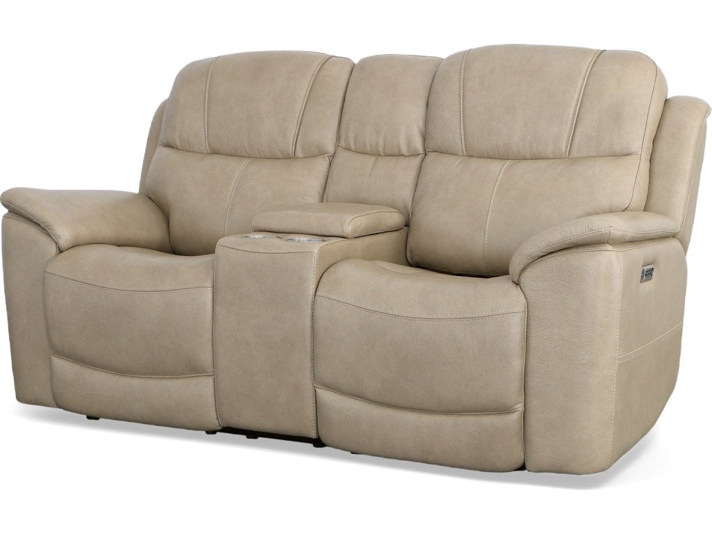 Crew Pebble Leather Power Reclining Loveseat with Console, Power Headrests & Lumbar