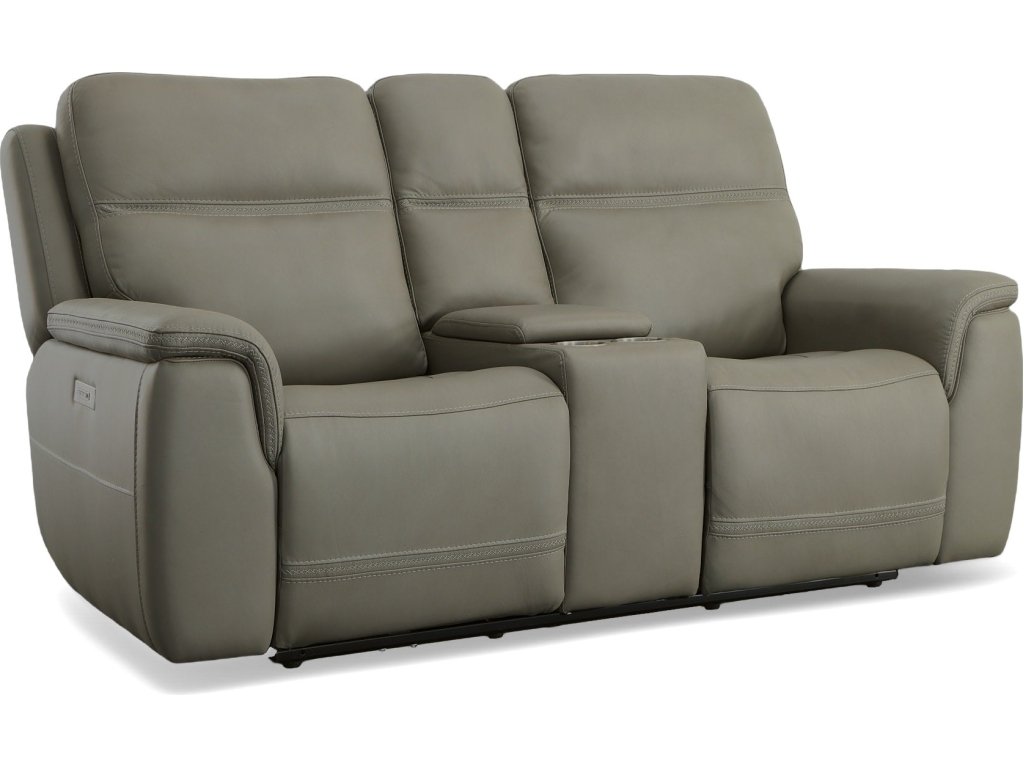Sawyer Grey Leather Pwr Recl Loveseat w/ Console, Pwr Hdrsts, Lumbar