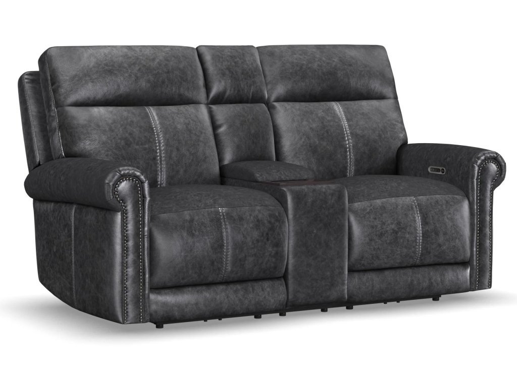 Alexander Leather Power Reclining Loveseat with Console, Power Headrest & Lumbar