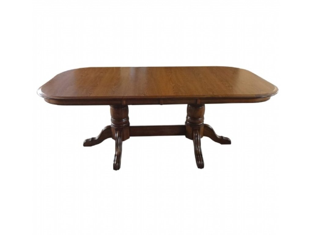 Laminated Double Pedestal Dining Table w/2-12" Leaves, Board Trestle w/ Empire Feet